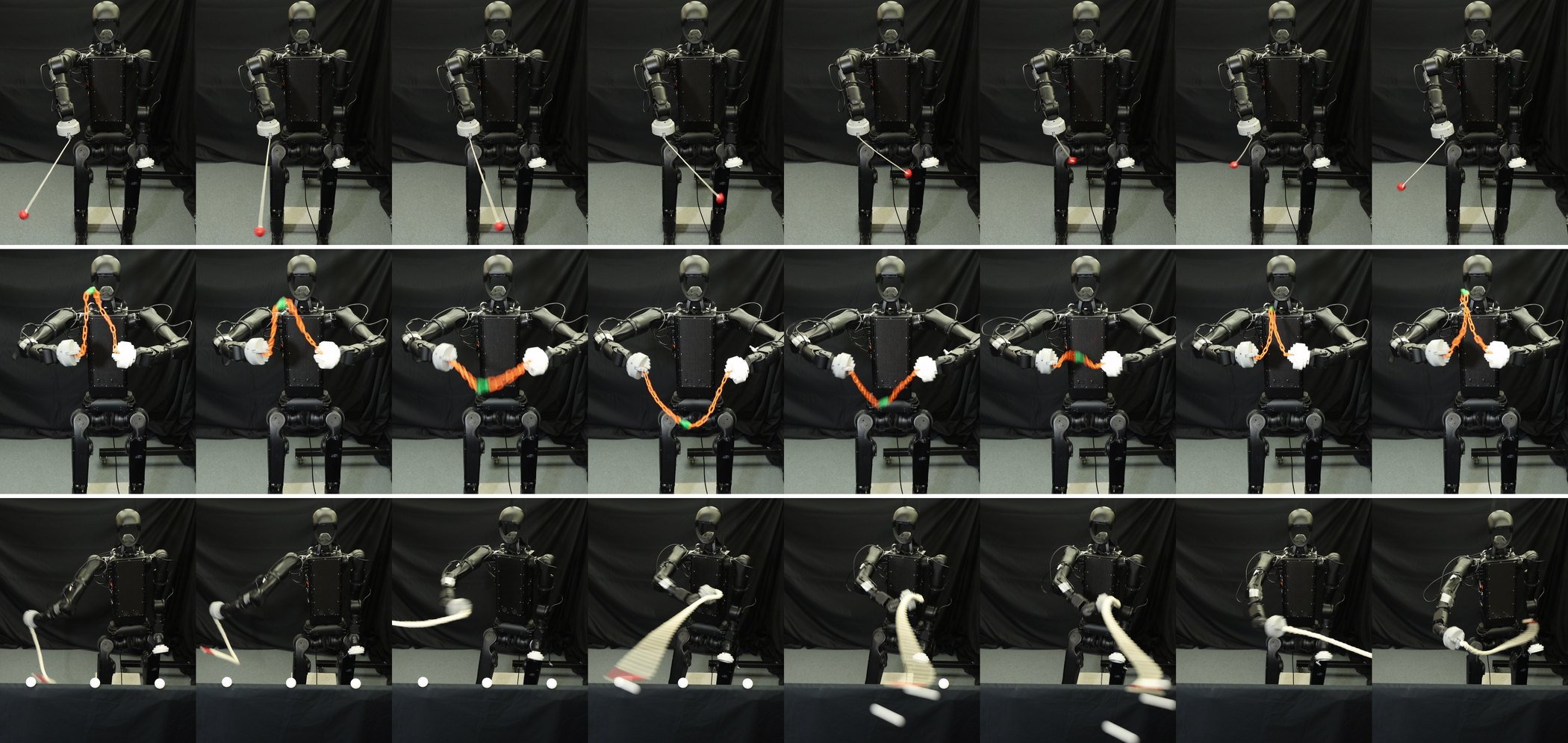 Three rows of frames showing the H1-2 executing Rope Swing, Rope Twirl and Rope Whip